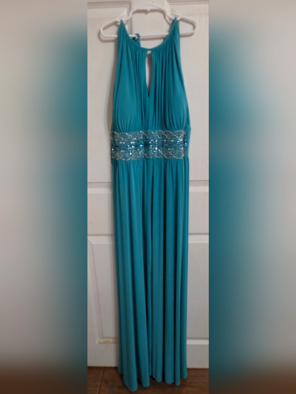 R&M Richards Turquoise Halter Prom Dress with Beaded Waist
